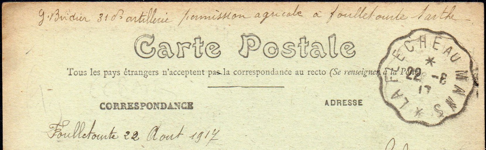 Railway / Tramway cancellations of La Sarthe : Courrier-Convoyeur-Ligne La Flèche au Mans : Postcard of Foulletourte 1917